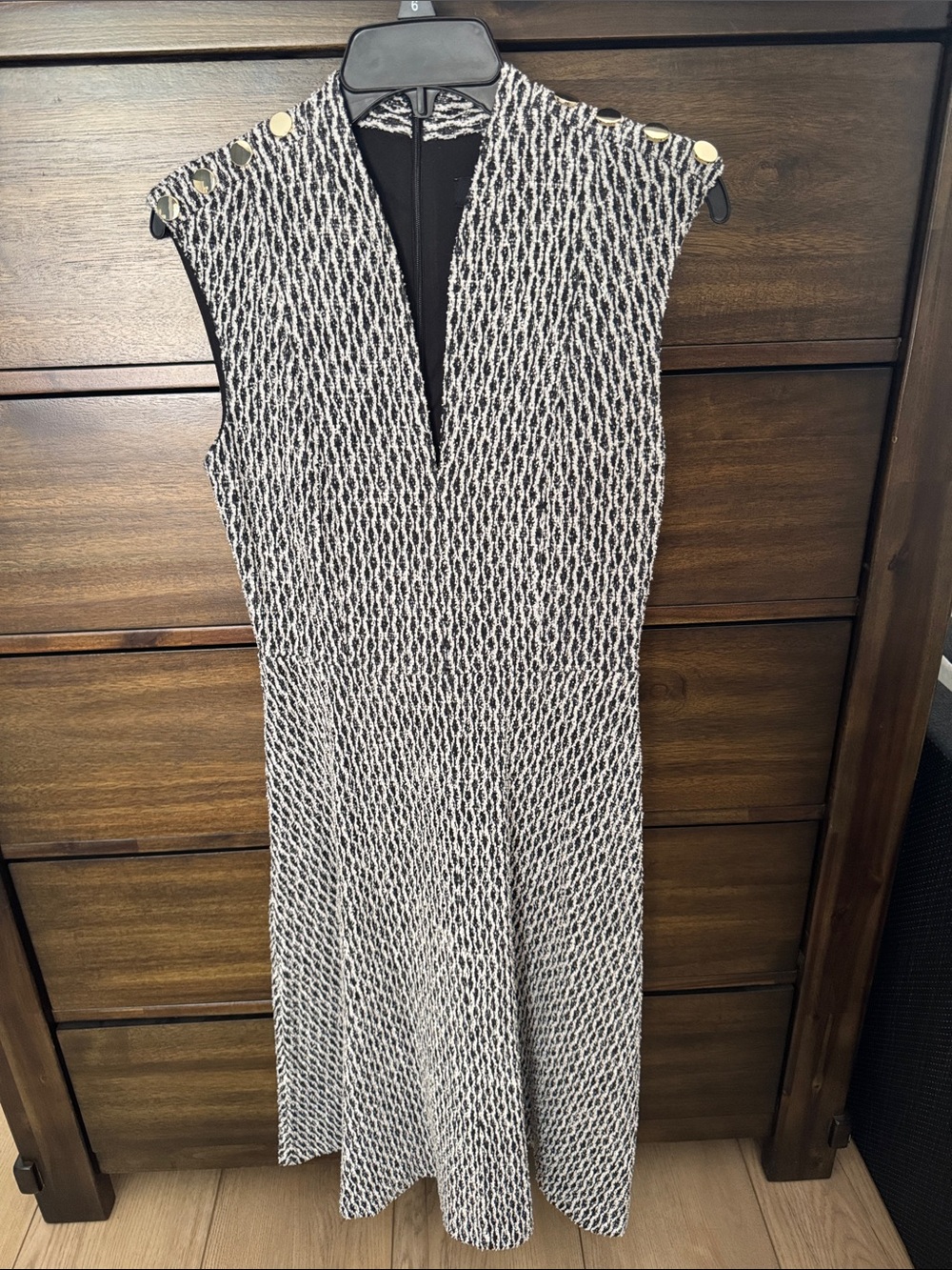 Andrew Marc Black and White Sleeveless Knit Midi Dress with Gold Buttons